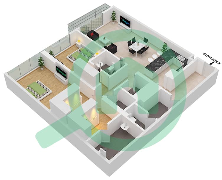 玛雅4号楼 - 2 卧室公寓类型102戶型图 Floor 1 interactive3D