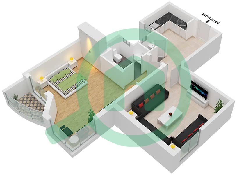Al Nuaimiya Towers - 1 Bedroom Apartment Type A Floor plan interactive3D