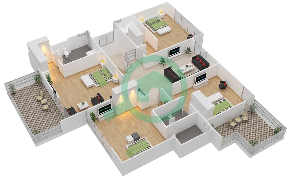 المخططات الطابقية لتصميم النموذج 1B فیلا 4 غرف نوم - وست ياس First Floor interactive3D