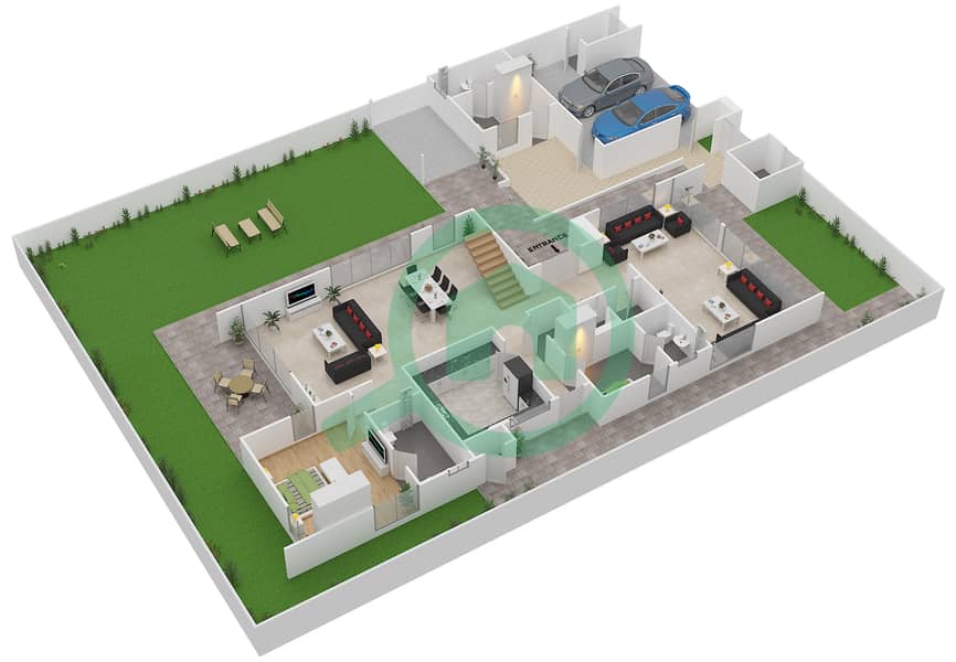 المخططات الطابقية لتصميم النموذج 2B فیلا 4 غرف نوم - وست ياس Ground Floor interactive3D