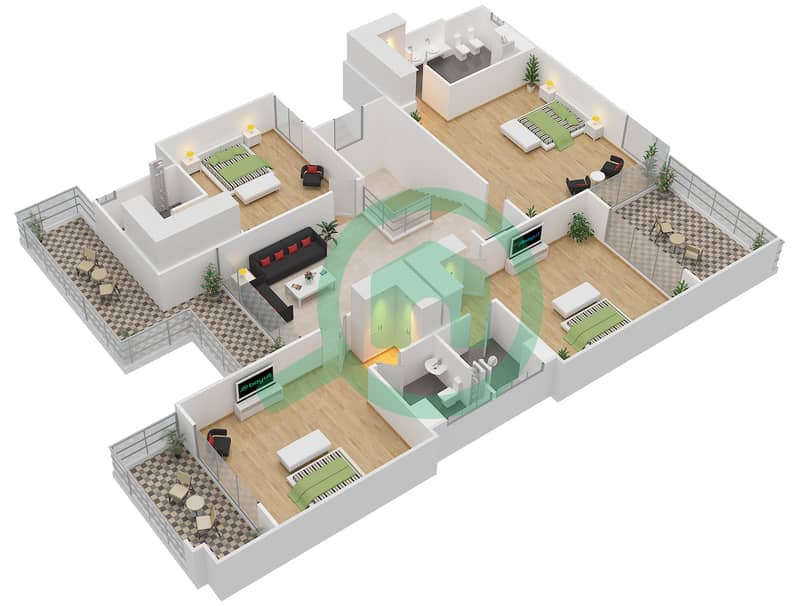 Вест Яс - Вилла 5 Cпальни планировка Тип 3A First Floor interactive3D