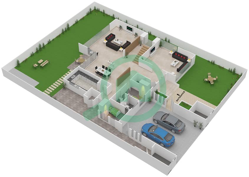 المخططات الطابقية لتصميم النموذج 1A فیلا 4 غرف نوم - وست ياس Ground Floor interactive3D