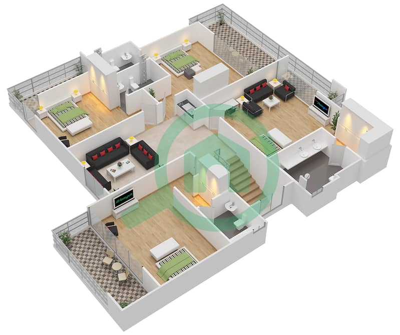 المخططات الطابقية لتصميم النموذج 1A فیلا 4 غرف نوم - وست ياس First Floor interactive3D