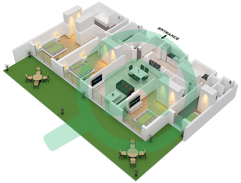 المخططات الطابقية لتصميم النموذج / الوحدة A/5101 شقة 3 غرف نوم - هارتلاند غرينز interactive3D