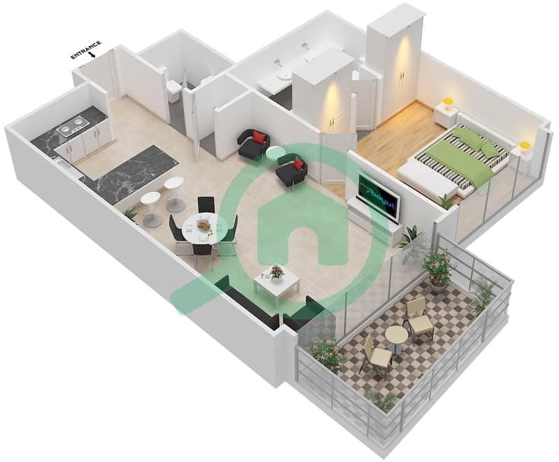 玛雅2号楼 - 1 卧室公寓类型1B戶型图 interactive3D
