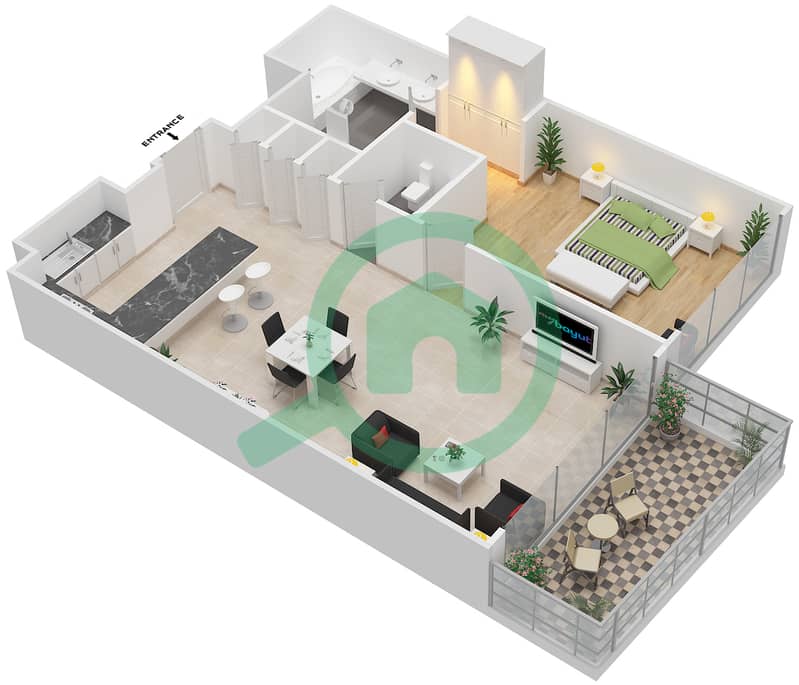 玛雅2号楼 - 1 卧室公寓类型1C.2戶型图 interactive3D