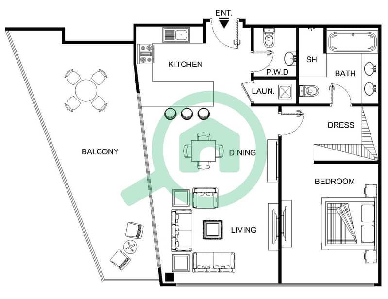 玛雅2号楼 - 1 卧室公寓类型1G.2戶型图 interactive3D