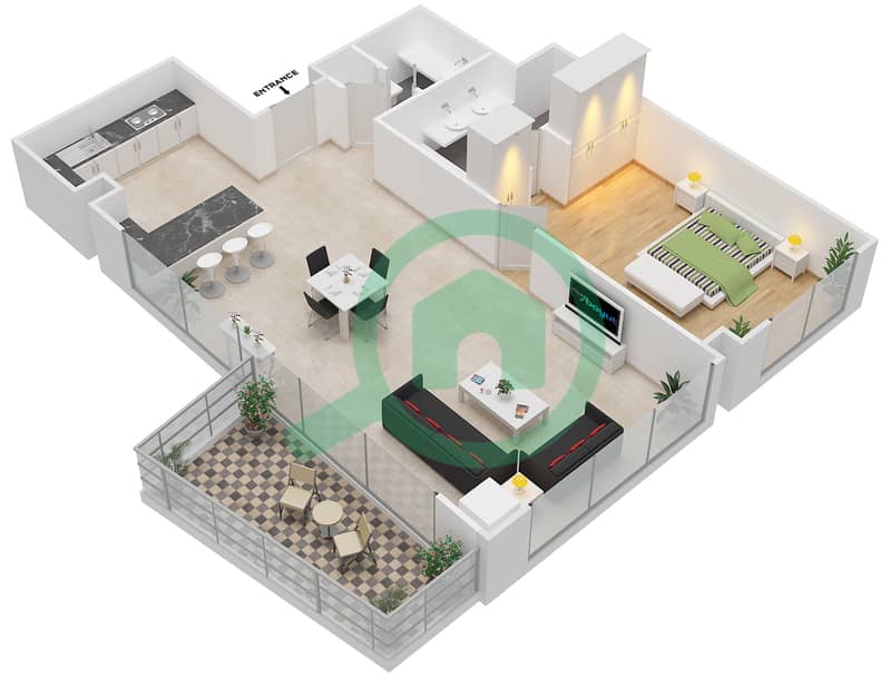 玛雅2号楼 - 1 卧室公寓类型1H.1戶型图 interactive3D