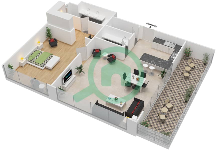 玛雅2号楼 - 1 卧室公寓类型1I戶型图 interactive3D