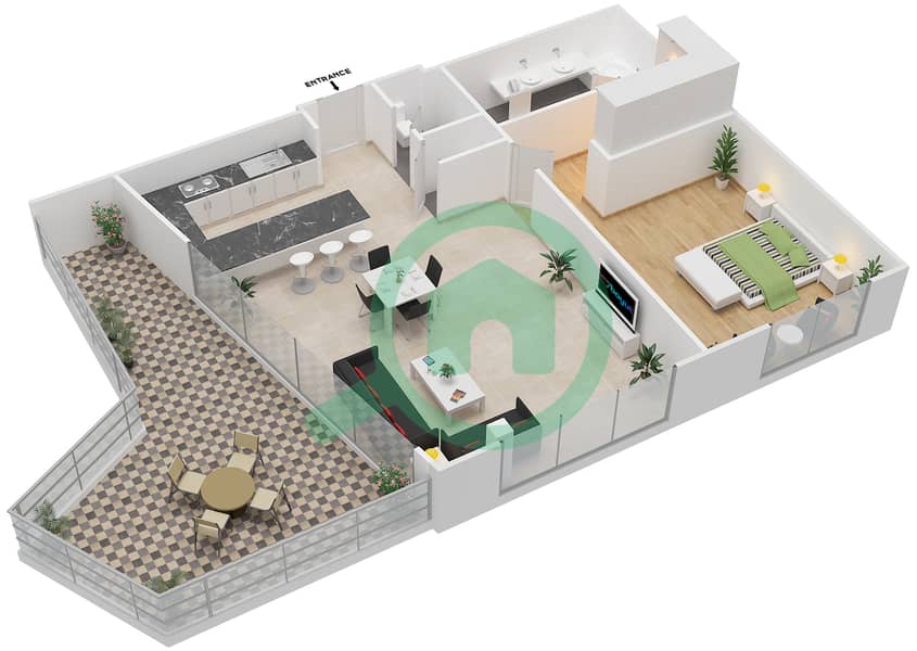 المخططات الطابقية لتصميم النموذج 1K شقة 1 غرفة نوم - مايان 2 interactive3D