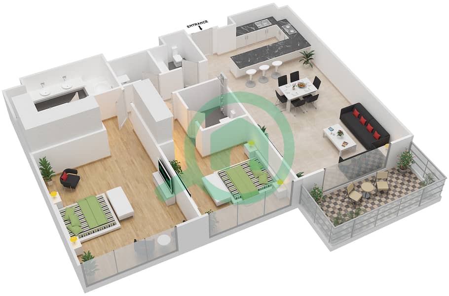 Майян 2 - Апартамент 2 Cпальни планировка Тип 2H interactive3D