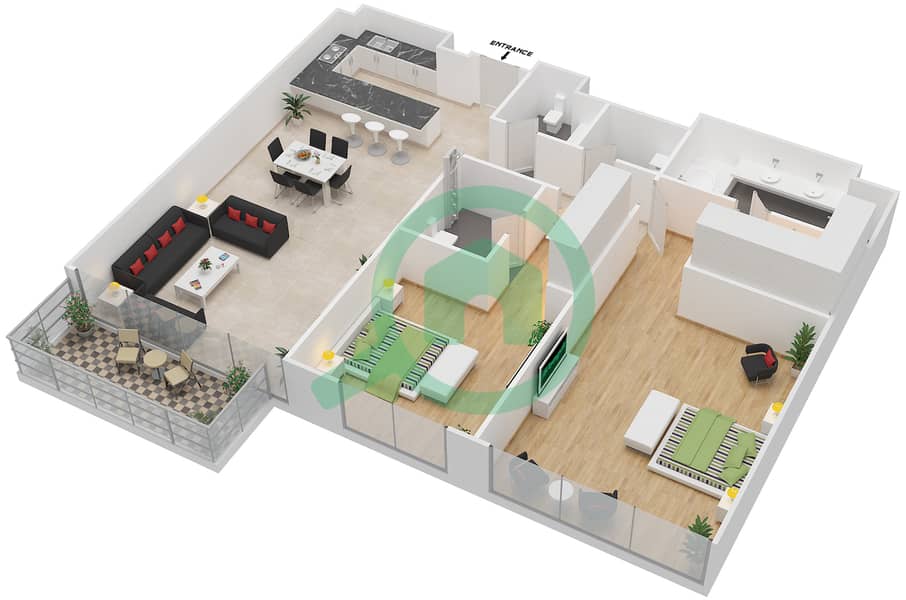 المخططات الطابقية لتصميم النموذج 2H.2 شقة 2 غرفة نوم - مايان 2 interactive3D
