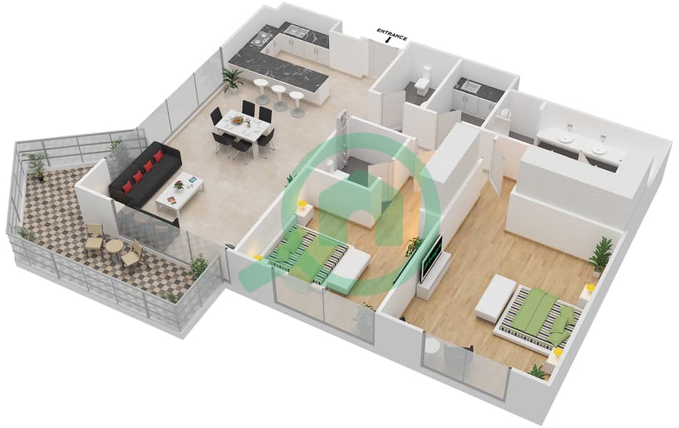 玛雅2号楼 - 2 卧室公寓类型2H.1戶型图 interactive3D