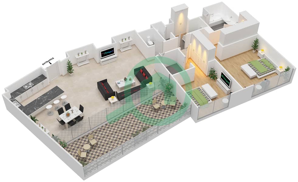 玛雅2号楼 - 2 卧室公寓类型2Q戶型图 interactive3D