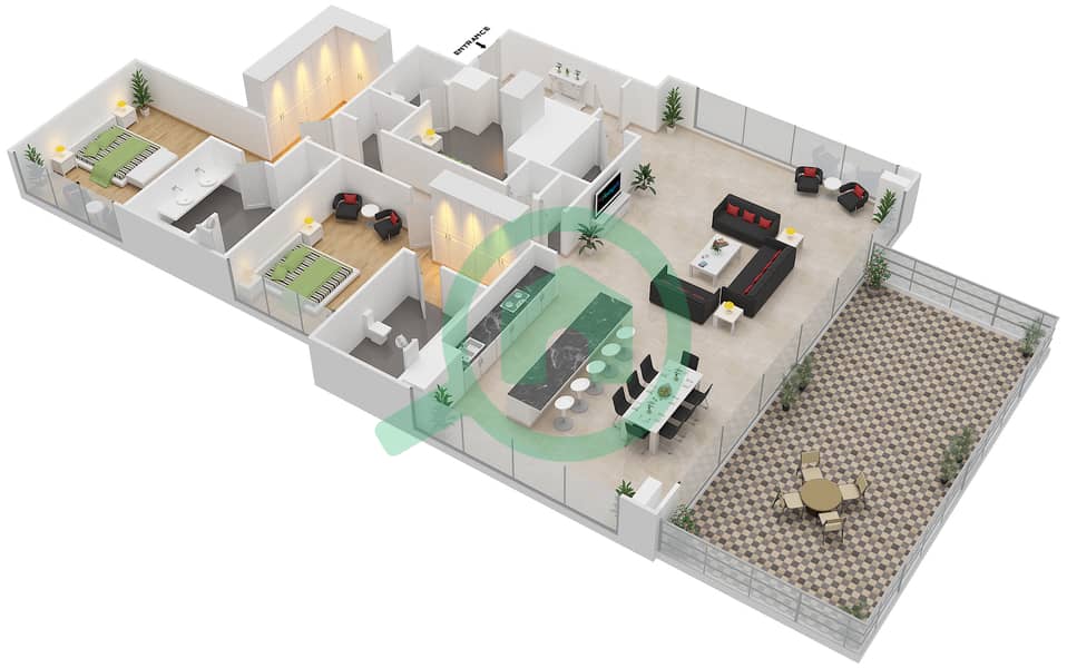 Майян 2 - Апартамент 2 Cпальни планировка Тип 2R interactive3D