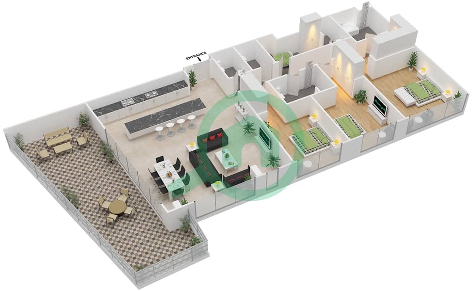 Майян 2 - Апартамент 3 Cпальни планировка Тип 3B.1 interactive3D
