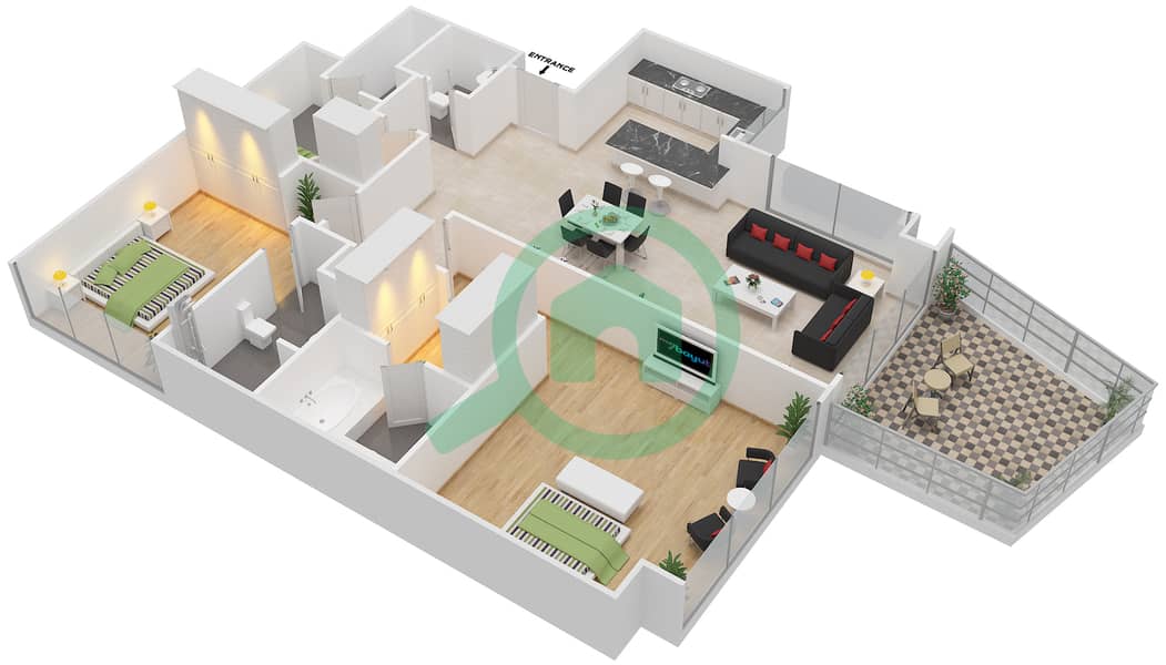 المخططات الطابقية لتصميم النموذج 2O شقة 2 غرفة نوم - مايان 2 interactive3D