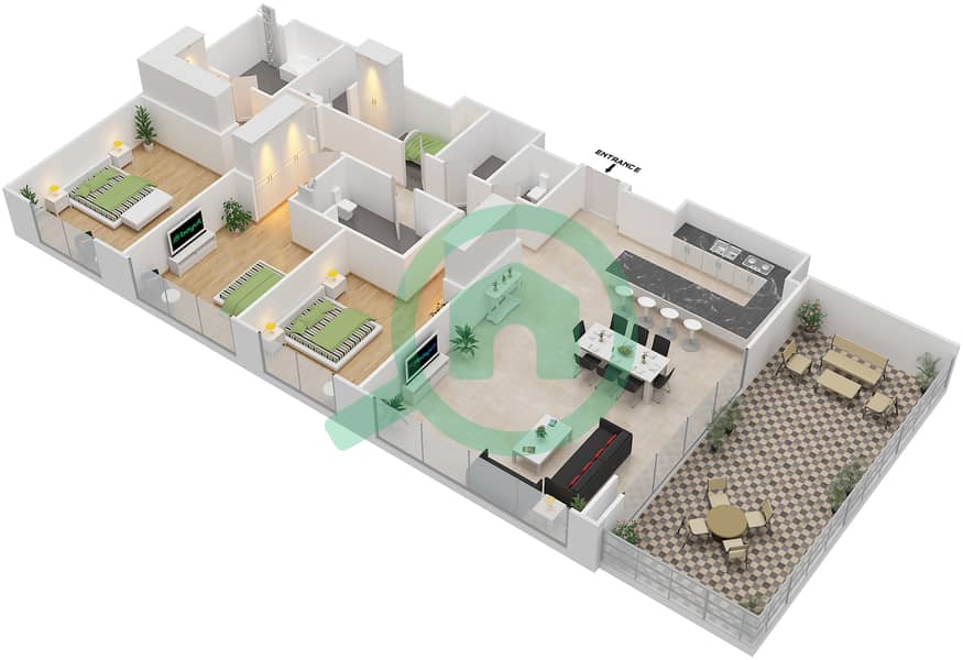 المخططات الطابقية لتصميم النموذج 3C شقة 3 غرف نوم - مايان 2 interactive3D