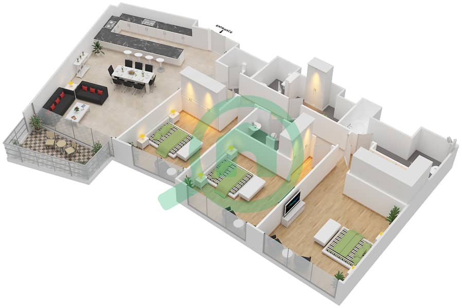 玛雅2号楼 - 3 卧室公寓类型3H戶型图 interactive3D