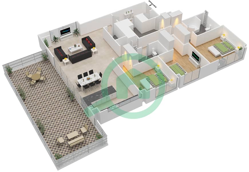 المخططات الطابقية لتصميم النموذج 3I شقة 3 غرف نوم - مايان 2 interactive3D
