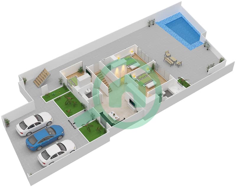 المخططات الطابقية لتصميم النموذج B2 شقة 3 غرف نوم - مايان 2 Lower Floor interactive3D