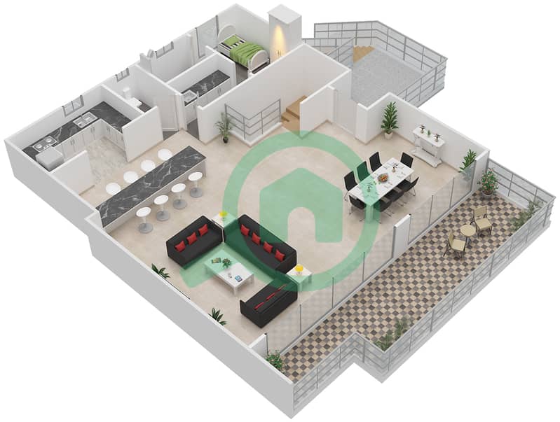 Майян 2 - Апартамент 3 Cпальни планировка Тип B2 Upper Floor interactive3D