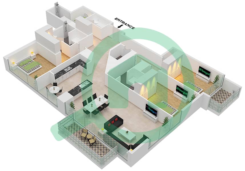 المخططات الطابقية لتصميم الوحدة 6  FLOOR 21-39 شقة 3 غرف نوم - بوليفارد هايتس برج 2 interactive3D