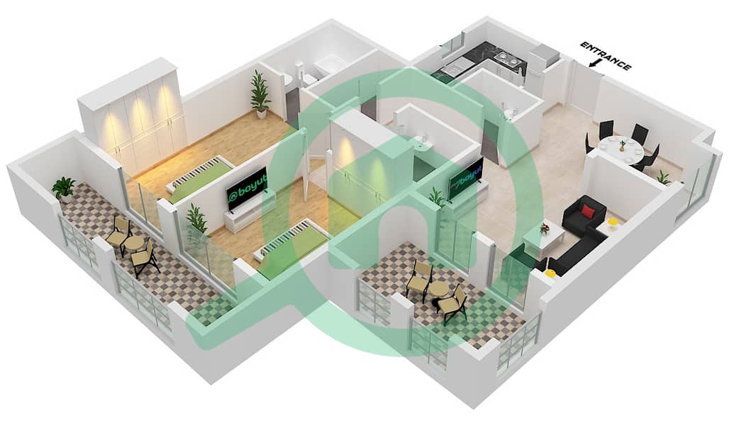 المخططات الطابقية لتصميم النموذج A شقة 2 غرفة نوم - الخيل هايتس interactive3D