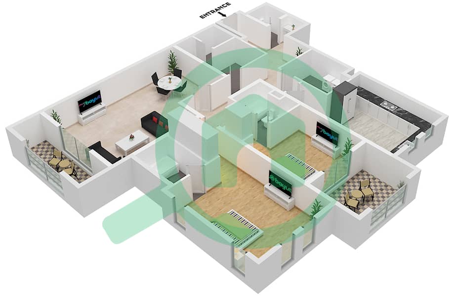 المخططات الطابقية لتصميم النموذج / الوحدة B1/115 شقة 2 غرفة نوم - حديقة interactive3D