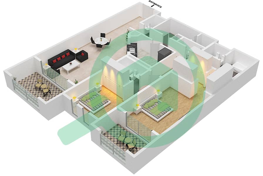 المخططات الطابقية لتصميم النموذج / الوحدة B/108 شقة 2 غرفة نوم - حديقة interactive3D