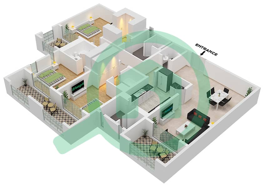 المخططات الطابقية لتصميم النموذج / الوحدة C/211 شقة 3 غرف نوم - حديقة interactive3D