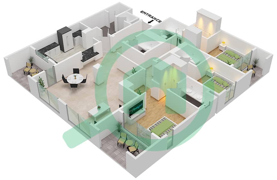 格罗夫斯大厦 - 3 卧室公寓类型／单位C6/215戶型图 interactive3D