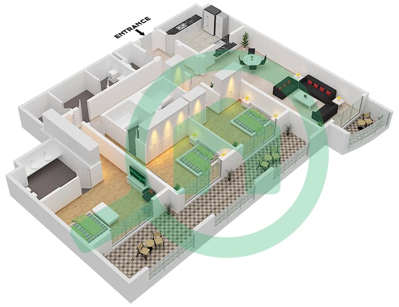 格罗夫斯大厦 - 3 卧室公寓类型／单位C1/202戶型图 interactive3D