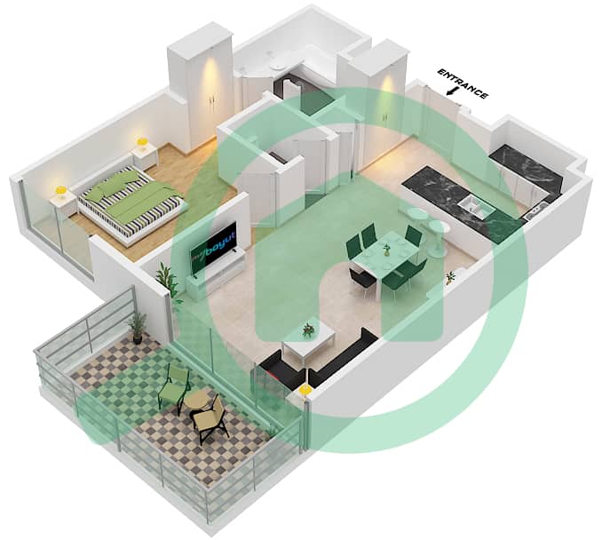 玛雅2号楼 - 1 卧室公寓类型1C戶型图 interactive3D