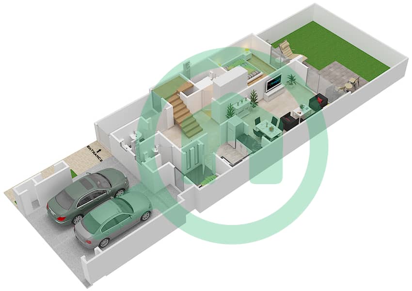 المخططات الطابقية لتصميم النموذج V4 تاون هاوس 4 غرف نوم - فيريديان الحقول Ground Floor interactive3D
