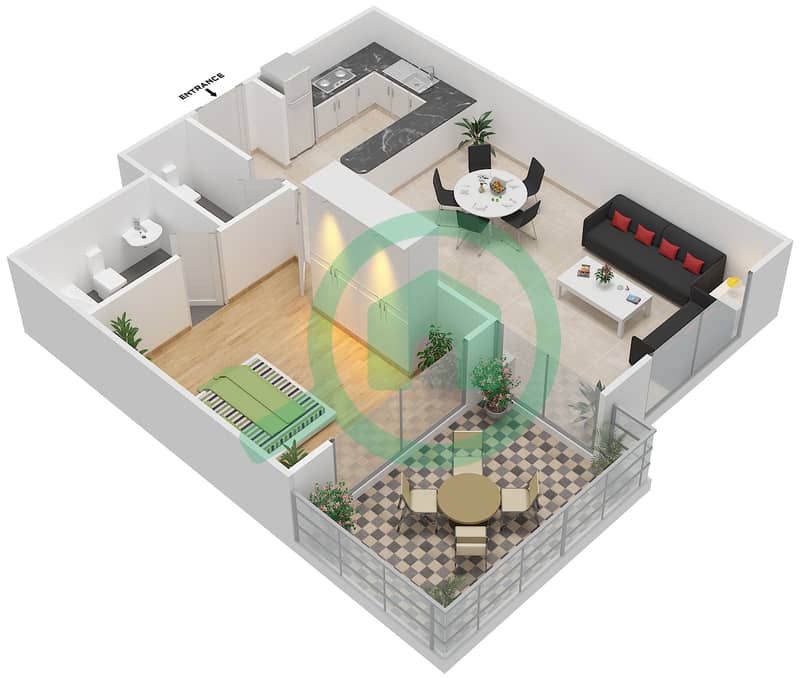 المخططات الطابقية لتصميم النموذج A شقة 1 غرفة نوم - خليج ماربيلا- غرب interactive3D