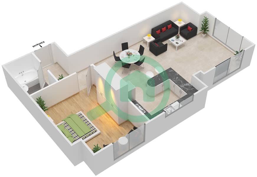 المخططات الطابقية لتصميم النموذج D شقة 1 غرفة نوم - خليج ماربيلا- غرب interactive3D