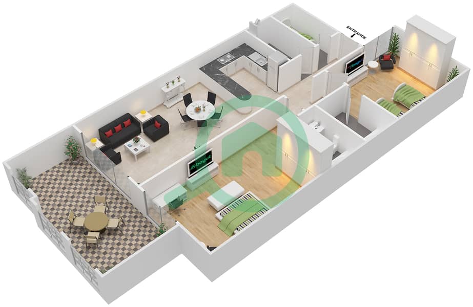 المخططات الطابقية لتصميم النموذج D1 شقة 2 غرفة نوم - خليج ماربيلا- غرب interactive3D