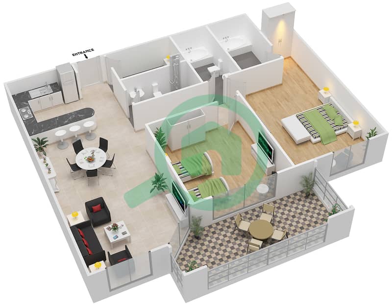 Marbella Bay - West - 2 Bedroom Apartment Type A1 Floor plan interactive3D