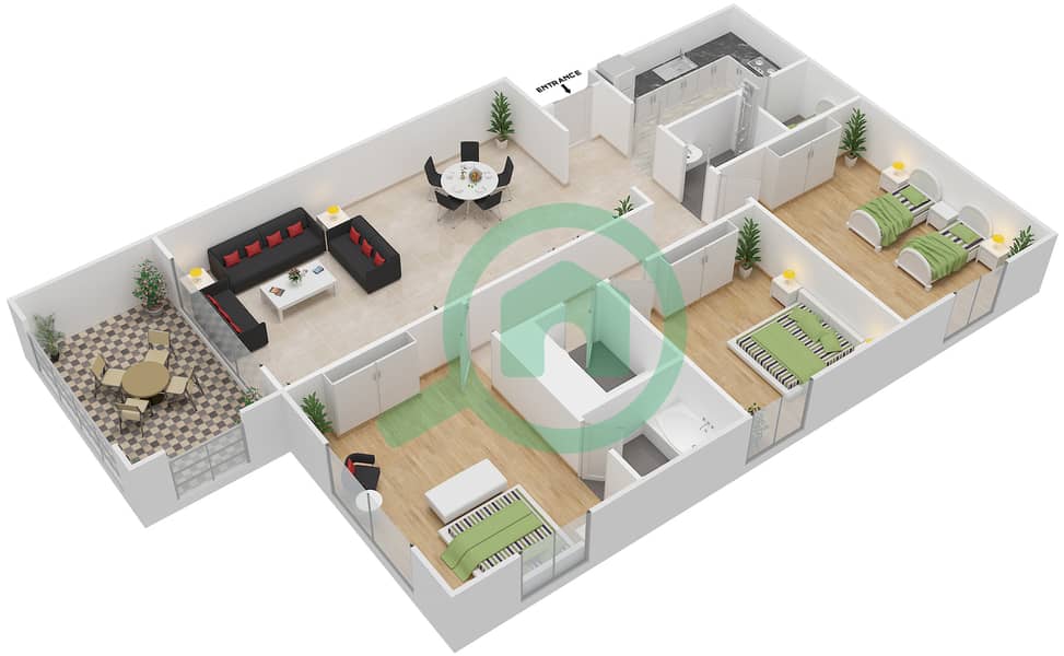 المخططات الطابقية لتصميم النموذج A1-A2 شقة 3 غرف نوم - خليج ماربيلا- غرب interactive3D
