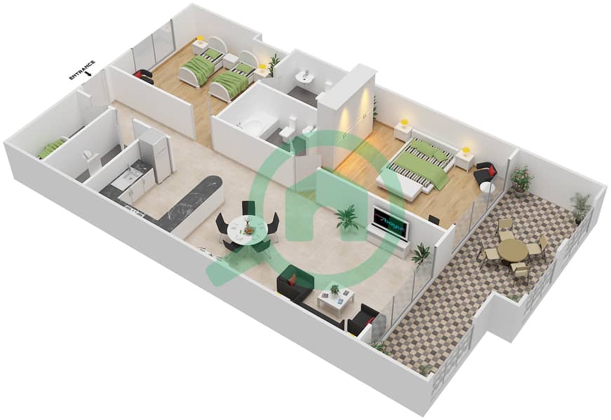 المخططات الطابقية لتصميم النموذج D2 شقة 2 غرفة نوم - خليج ماربيلا- غرب interactive3D