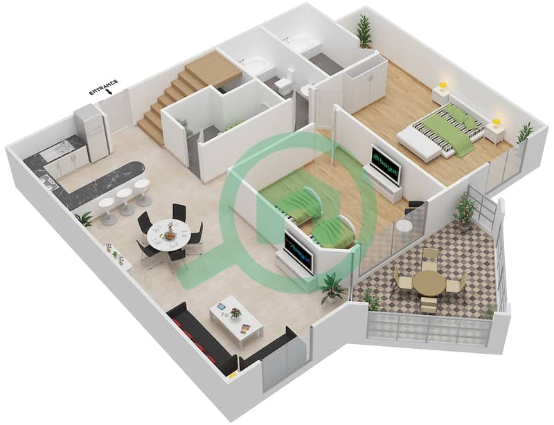 المخططات الطابقية لتصميم النموذج A1 شقة 2 غرفة نوم - خليج ماربيلا- غرب Floor 7 interactive3D