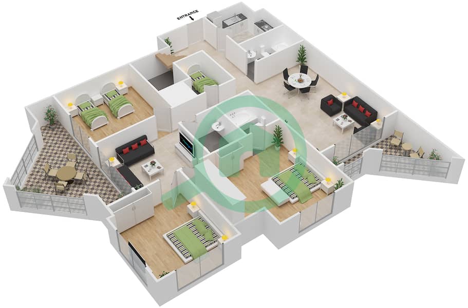 Marbella Bay - West - 3 Bedroom Apartment Type B Floor plan Floor 7 interactive3D