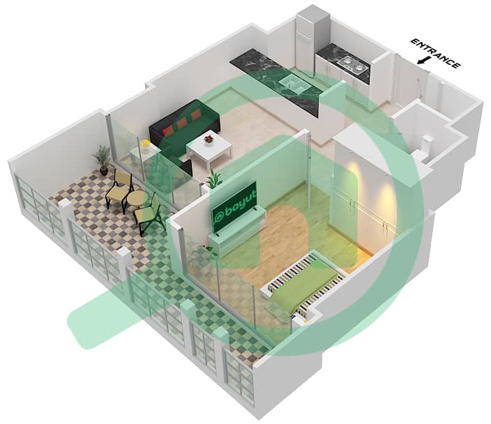 المخططات الطابقية لتصميم الوحدة 5003 شقة 1 غرفة نوم - برج ضمان interactive3D
