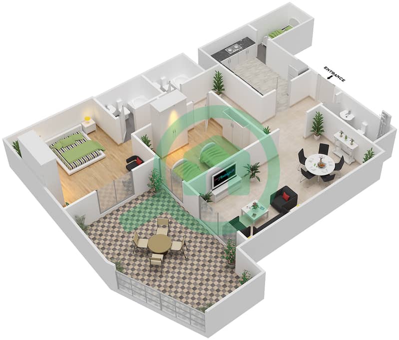 المخططات الطابقية لتصميم النموذج C1 شقة 2 غرفة نوم - خليج ماربيلا- غرب interactive3D