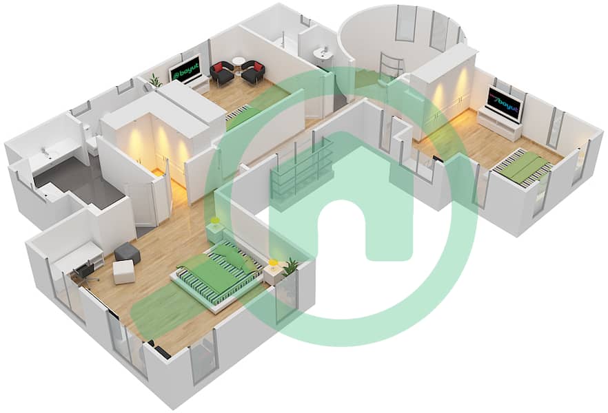 المخططات الطابقية لتصميم النموذج 2M فیلا 3 غرف نوم - فلل مسترال First Floor interactive3D