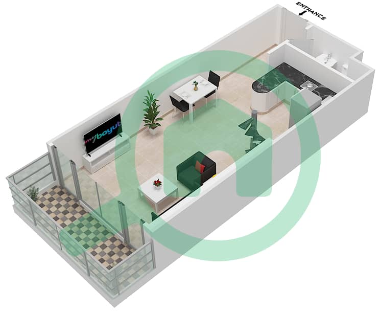 المخططات الطابقية لتصميم النموذج 1 شقة 1 غرفة نوم - برج الرياح 2 Gorund Floor interactive3D