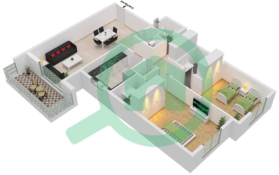 Азизи Тулип - Апартамент 2 Cпальни планировка Тип 2B interactive3D