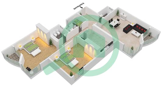 المخططات الطابقية لتصميم النموذج B3 شقة 2 غرفة نوم - أبراج النعيمية
