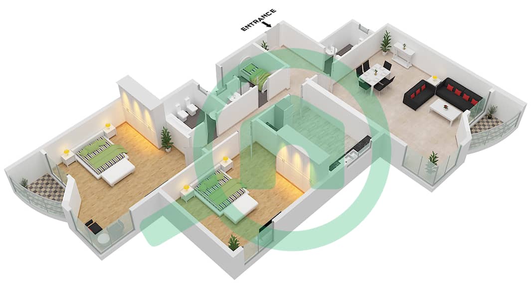 المخططات الطابقية لتصميم النموذج B3 شقة 2 غرفة نوم - أبراج النعيمية interactive3D